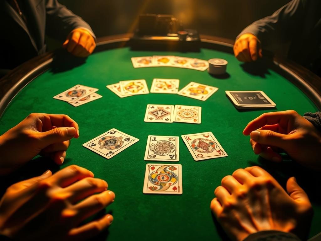 A dimly lit poker table, the green felt surface illuminated by warm, golden lighting. In the center, the iconic cards of Texas Hold'em, Omaha, and Seven Card Stud are spread out, their intricate designs casting subtle shadows. Around the table, the players' hands are visible, fingers carefully holding their cards, the anticipation palpable. The background is hazy, with a sense of depth and focus drawing the viewer's attention to the game at hand. The overall mood is one of intense concentration and the thrill of the game, capturing the essence of the most popular poker variants in Romania.