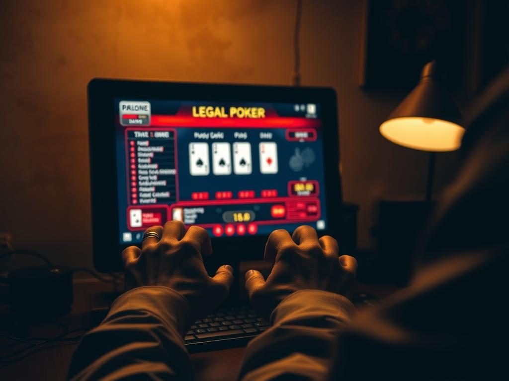 A dimly lit room, the soft glow of a desktop computer illuminating the scene. On the screen, a poker game interface comes into focus, its buttons and indicators casting a subtle radiance. In the foreground, a pair of hands carefully navigates the virtual gameplay, navigating the legal landscape with precision. The background is a muted, earthy tone, conveying a sense of contemplation and regulation. The image should evoke a palpable feeling of nostalgia, as if this legal poker experience is a cherished pastime from a bygone era, yet one that remains firmly grounded in the present.