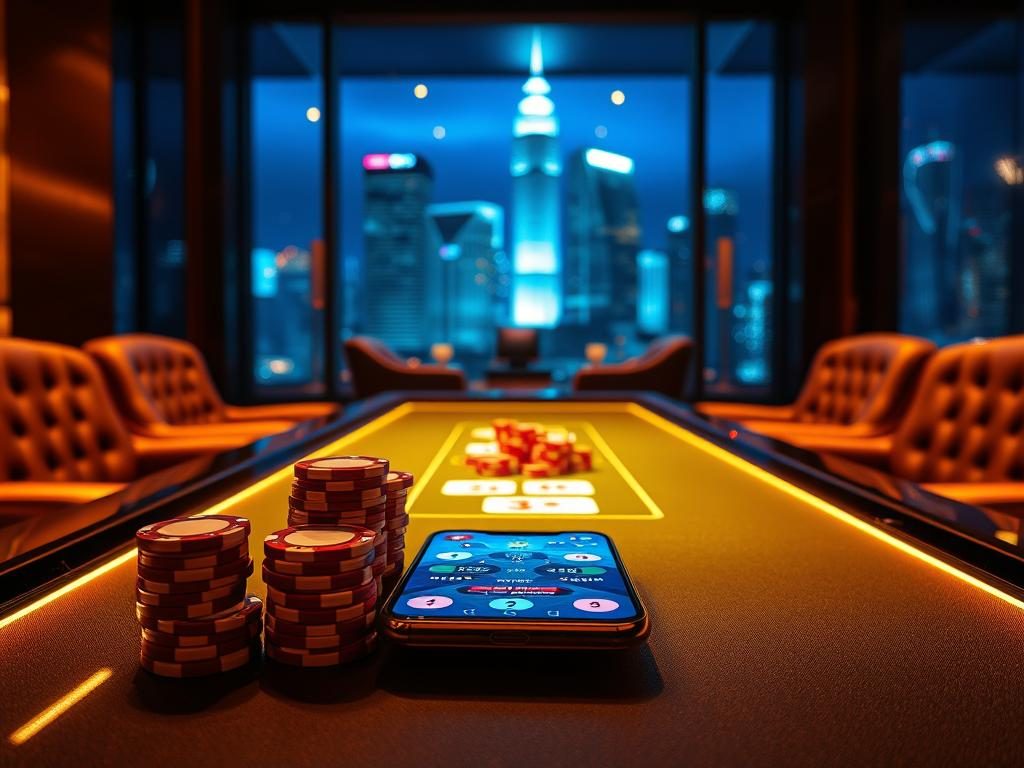 A neon-lit online poker table sits in a sleek, modern lounge, surrounded by plush leather chairs and a striking cityscape outside the window. Elegant poker chips in a variety of denominations are stacked neatly, with a smartphone displaying the game interface. The scene is bathed in a warm, inviting glow, conveying the convenience and excitement of playing poker online. The composition emphasizes the luxurious, high-tech atmosphere, enticing the viewer to explore the advantages of this thrilling virtual experience.