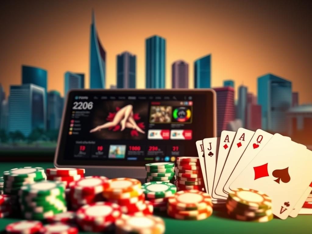 A vibrant, high-resolution image of the top online poker platforms in Romania. In the foreground, an array of poker chips, cards, and casino tokens are elegantly arranged, conveying the excitement and sophistication of the online poker experience. The middle ground features a seamless blend of modern web interfaces and mobile app designs, showcasing the user-friendly and technologically advanced nature of the leading Romanian poker platforms. In the background, a stylized cityscape with sleek, contemporary buildings sets the scene, hinting at the urban and cosmopolitan nature of the online poker landscape. The overall composition is bathed in a warm, inviting lighting that enhances the luxurious and alluring atmosphere of the top poker platforms in Romania.