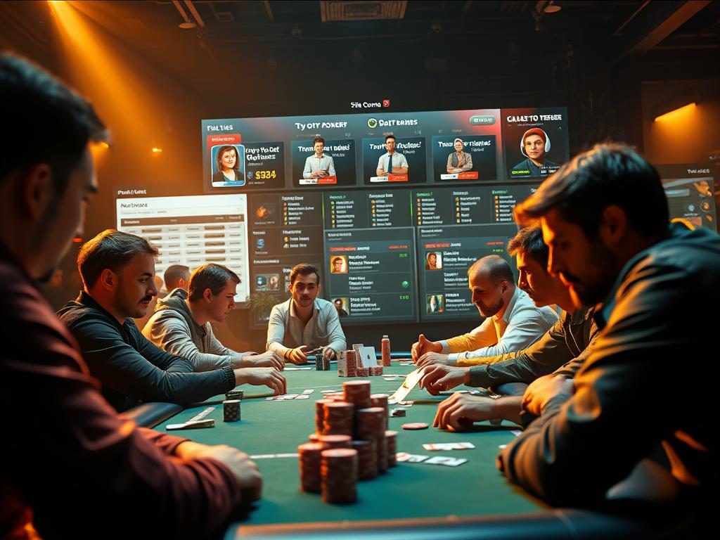 Prompt A vibrant online poker community, captured in a dynamic, cinematic image. In the foreground, players engage in a high-stakes game, their expressions intense as they strategize their next move. The middle ground showcases a bustling virtual lobby, with players chatting, comparing hands, and celebrating victories. In the background, a sleek, modern interface with customizable avatars and tournament schedules sets the stage for an immersive, social poker experience. Warm lighting and a sense of camaraderie permeate the scene, inviting the viewer to join in the thrill of online poker.